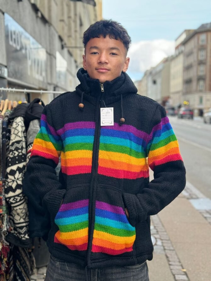 Handmade Black Woolen Jacket with Rainbow Stripes – Nepalese Artisan Hoodie